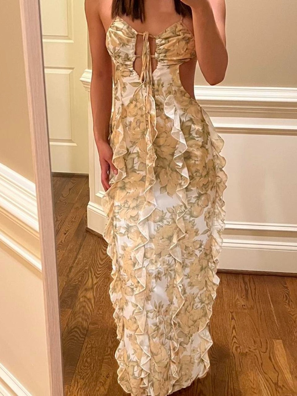 $99 Peppermayo Ruffle Maxi Lace Dress Open Back Size S NWT